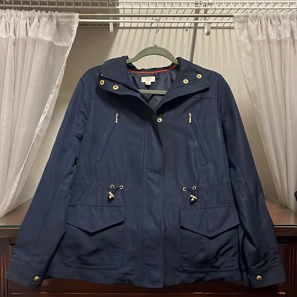 Crown & Ivy Women's Small Navy Adjustable Coat Jacket W/Gold Buttons and Zipper